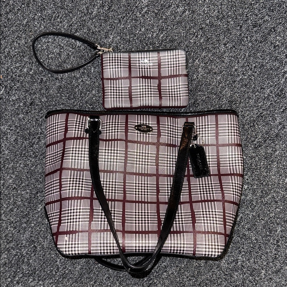 Coach Black and White Checkered Tote with Wristlet